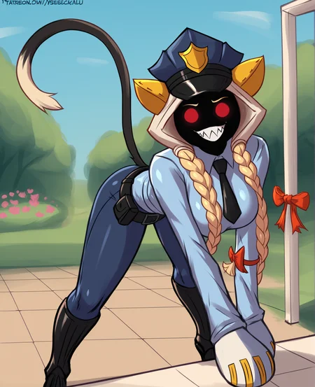score_9, score_8_up, score_7_up, score_6_up, score_5_up, score_4_up, source_anime, opqb, bfix, sscs taokaka, animal humanoid, cat humanoid, felid, felid humanoid, feline, feline humanoid, humanoid, kaka \(blazblue\), mammal, mammal humanoid, accessory, big breasts, black body, black fur, black skin, blonde hair, bow \(feature\), bow accessory, bow ribbon, braided hair, breasts, clothed, clothing, empty eyes, fangs, female, fur, furgonomics, hair, hair accessory, hair bow, hair ribbon, hood, long hair, looking at viewer, red eyes, ribbons, shadow face, sharp teeth, solo, standing, teeth, topwear, white body, white fur, (simple face:1.2), (Police Officer Female Outfit, Police Uniform ,Shirt, Pants, Duty Belt, Police Cap, Police Boots:1.2), (Modern Preppy Female Outfit, Striped Sweater, A-line Skirt, Ballet Flats:1.2), on front, slave market, garden, detailed background, clenched teeth, insane
<lora:taokaka_pdxl:1>