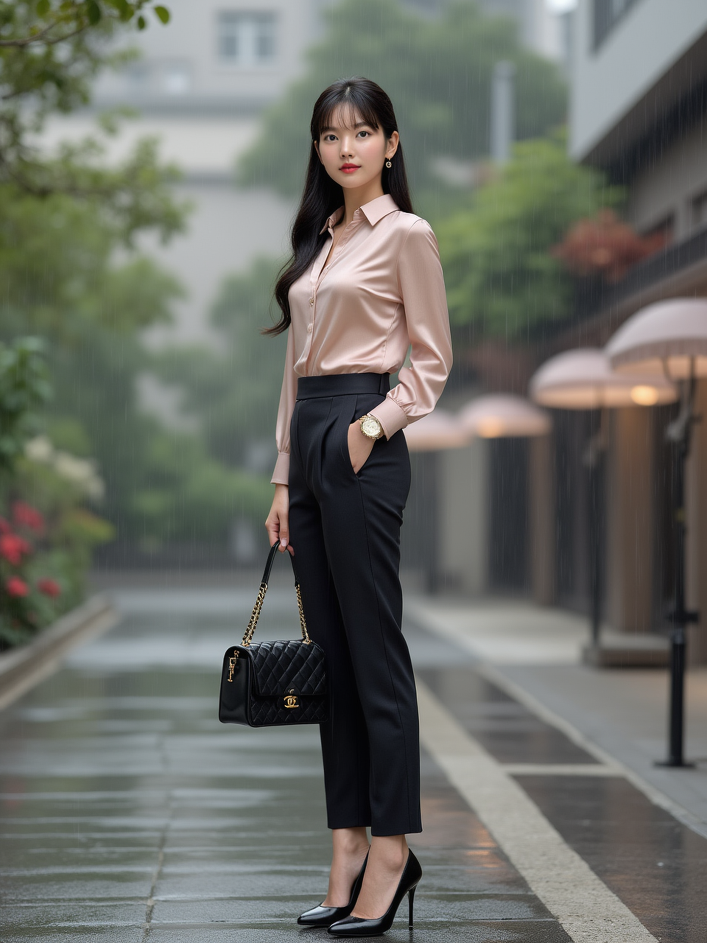 [12]Realistic photograph, A 20-year-old elegant and sophisticated Japanese woman is wearing a luxury silk blouse and high-waisted pants. The pastel-toned blouse features metallic details, and the pants fall neatly just above the ankles. She pairs black stiletto heels with a designer mini bag, accessorized with diamond earrings of chanel logo and a slim gold watch. Her look is completed with natural dark long hair, exuding refined city style. full body, looking at viewer, upper body, leg open, standing, rainy playgroun, sittting,