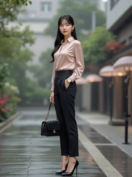 [12]Realistic photograph, A 20-year-old elegant and sophisticated Japanese woman is wearing a luxury silk blouse and high-waisted pants. The pastel-toned blouse features metallic details, and the pants fall neatly just above the ankles. She pairs black stiletto heels with a designer mini bag, accessorized with diamond earrings of chanel logo and a slim gold watch. Her look is completed with natural dark long hair, exuding refined city style. full body, looking at viewer, upper body, leg open, standing, rainy playgroun, sittting,