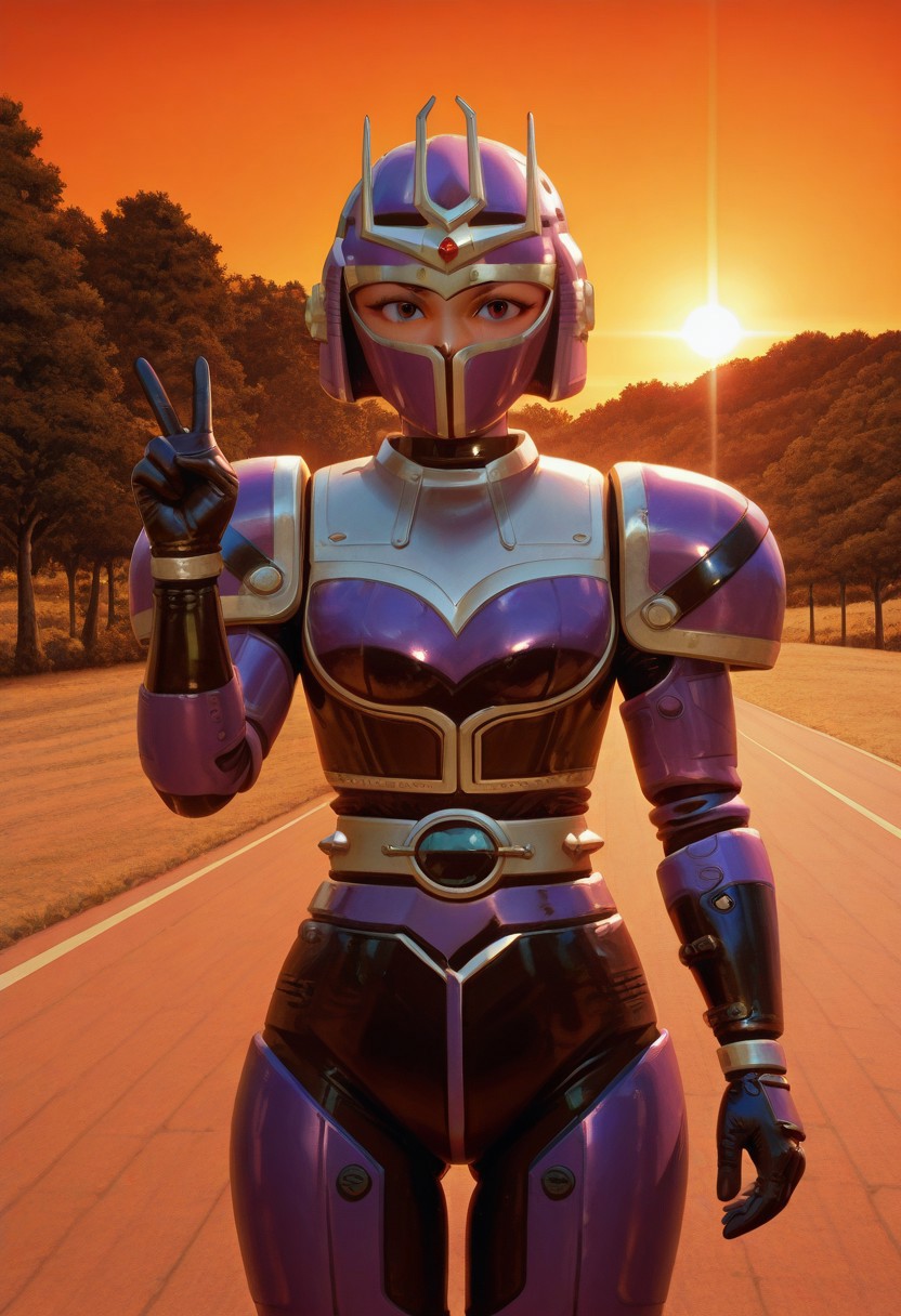 anime screencap, anime coloring,
solo, 1girl, cowboy shot , perfect face, detailed faced, looking at viewer, medium breasts, (covered neck), BREAK
Tent0u, r4n, extend hands, gloves, bodysuit, helmet, armor, shoulder pad, belt, v_sign hand,
outdoors, road, sunset, dramatic lighting
<lora:DetailedPerfect_hands_r1:1>    <lora:coveredneck_v1-000006:0.8>