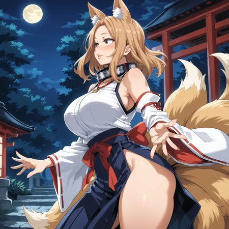 score_9, score_8_up, score_7_up, 1girl, dynamic pose, from side,
lips, dark,night, toned, skindentation, thick thighs, wide hips, narrow waist, huge breasts,  in heat, afterglow, happy,
1girl, miko, detached sleeves, hakama skirt, necklace, fox ears, kitsune, multiple tails, fox tails,glowing eyes, blush, idol pose, shrine,
anime coloring, slimes_cami,
night, toned, skindentation  <lora:SlimesCamiUtsushima:1>