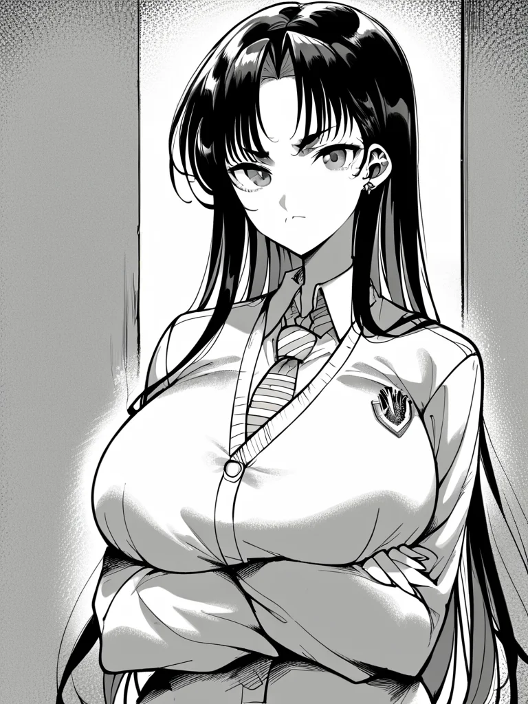 score_9, score_8_up, score_7_up,  
1girl, monochrome, shion kb, black hair, long hair, parted bangs, huge breasts, grey eyes,


standing, frown, closed mouth, looking at viewer, crossed arms, school uniform, upper body, striped necktie, white shirt, cardigan, 