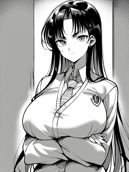 score_9, score_8_up, score_7_up,
1girl, monochrome, shion kb, black hair, long hair, parted bangs, huge breasts, grey eyes,
standing, frown, closed mouth, looking at viewer, crossed arms, school uniform, upper body, striped necktie, white shirt, cardigan,