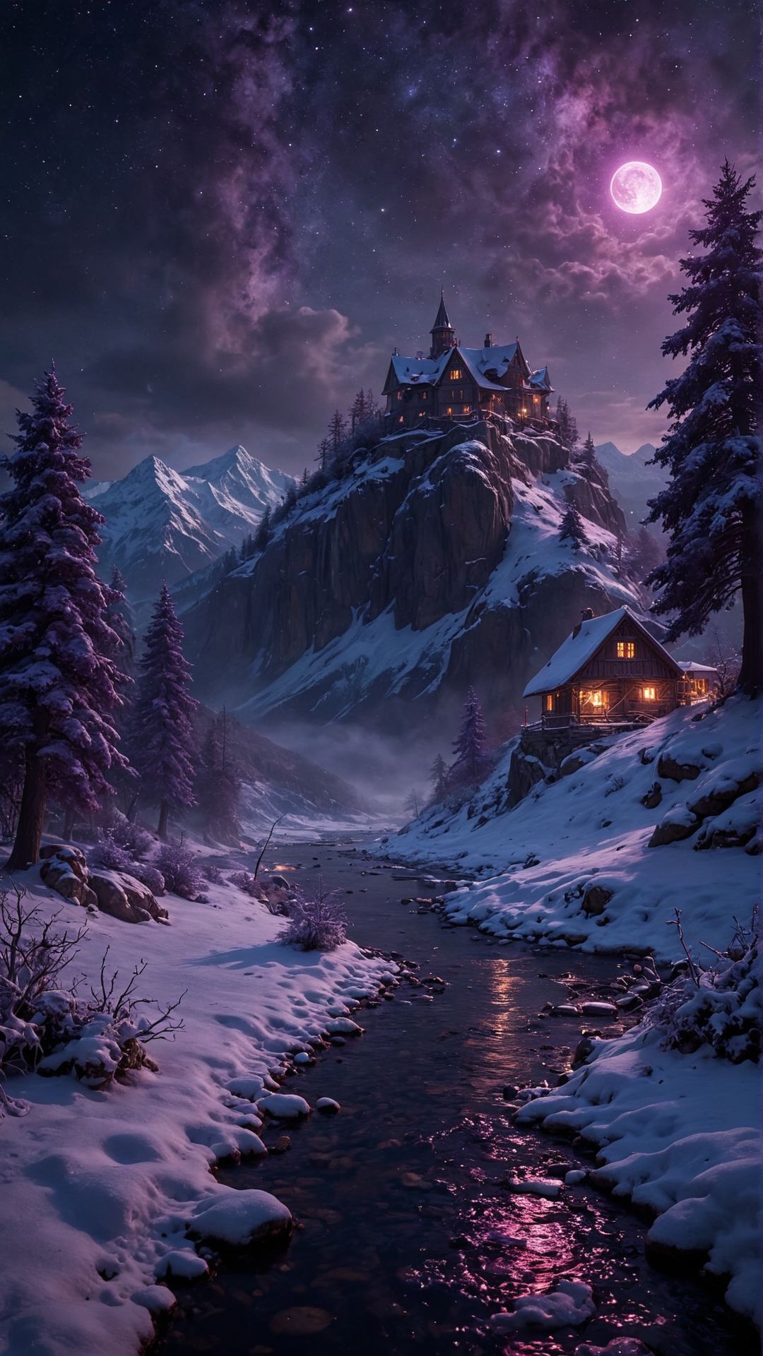 An idyllic beautiful winter landscape at night, 4k photorealistic, HDR, dark purple theme, ethereal dramatic lighting, surreal cinematic, nighttime, (darkness:1.1), high details, low angle, Rossdraws, Marc Simonetti, photorealistic digital painting, chiaroscuro image 
, <lora:aidmaFluxStyleXL-v0.2:0.7> 
 <lora:aidma-Image Upgrader-v0.1:0.35>