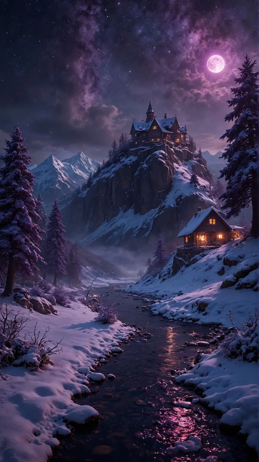 An idyllic beautiful winter landscape at night, 4k photorealistic, HDR, dark purple theme, ethereal dramatic lighting, surreal cinematic, nighttime, (darkness:1.1), high details, low angle, Rossdraws, Marc Simonetti, photorealistic digital painting, chiaroscuro image
, <lora:aidmaFluxStyleXL-v0.2:0.7>
<lora:aidma-Image Upgrader-v0.1:0.35>