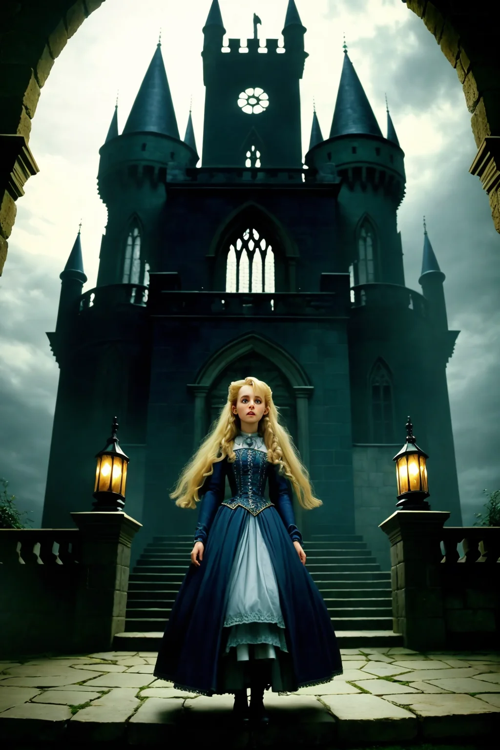innocent princess blonde hair royalty standing in dark creepy castle interior stone walls gothic arches
(analog film:1.3) (movie) (photorealistic) (bluray movie still) (cinematic lighting) (sharp focus)
(80sDarkFantasySD15b:1.2)