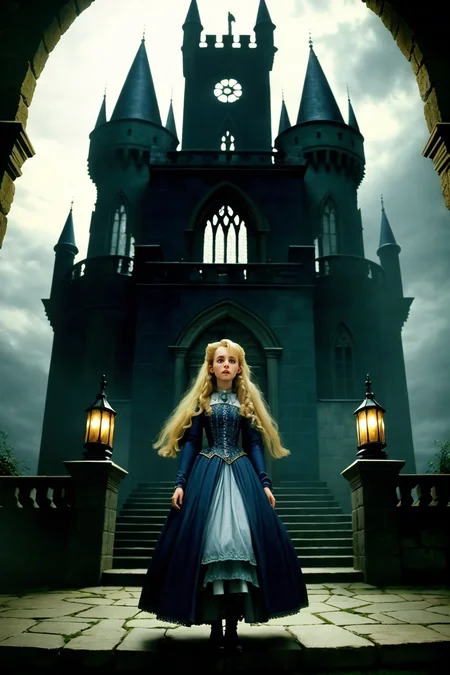 innocent princess blonde hair royalty standing in dark creepy castle interior stone walls gothic arches
(analog film:1.3) (movie) (photorealistic) (bluray movie still) (cinematic lighting) (sharp focus)
(80sDarkFantasySD15b:1.2)