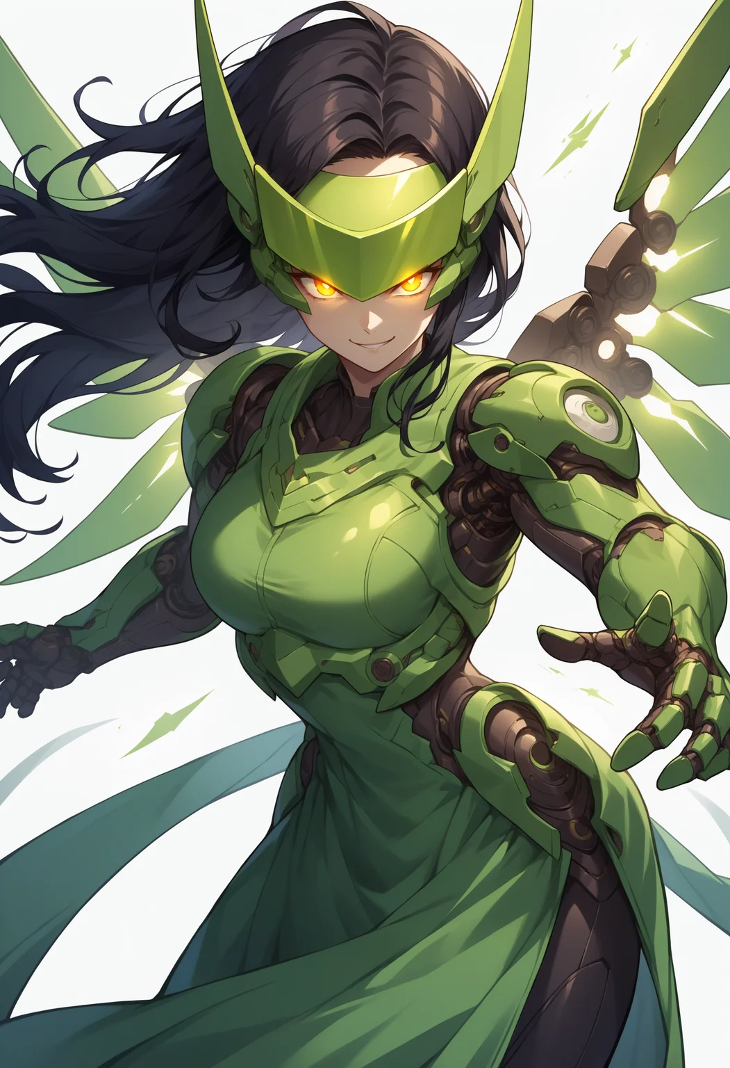 score_9, score_8_up, source_anime, <lora:wrenchsmechsxl-000010:1>,wrenchsmechs,female, long hair, black hair, smirk, fighting pose, glowing eyes, mechanical wings, (white background:1.2), visor, green theme,