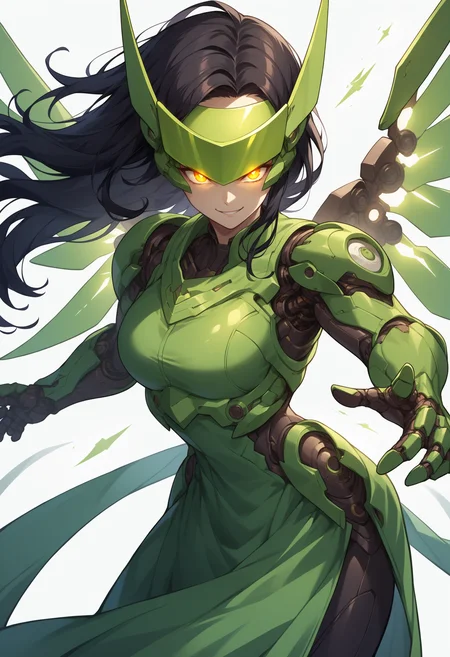 score_9, score_8_up, source_anime, <lora:wrenchsmechsxl-000010:1>,wrenchsmechs,female, long hair, black hair, smirk, fighting pose, glowing eyes, mechanical wings, (white background:1.2), visor, green theme,