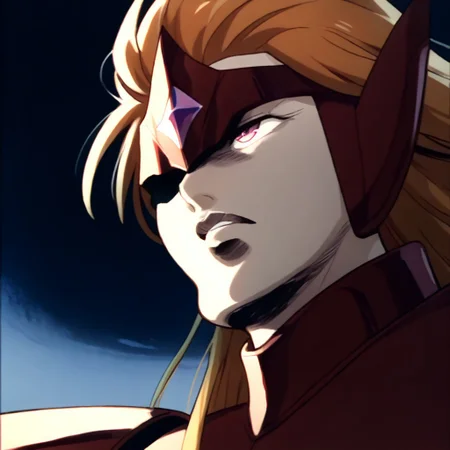 score_9, score_8_up, score_7_up, masterpiece, cromartie, shadedface, (((plump face))), ((grimacing)), benetmime,long wavy orange hair, red circlet, pink eyes, red armor, red pauldrons, white sleeves,