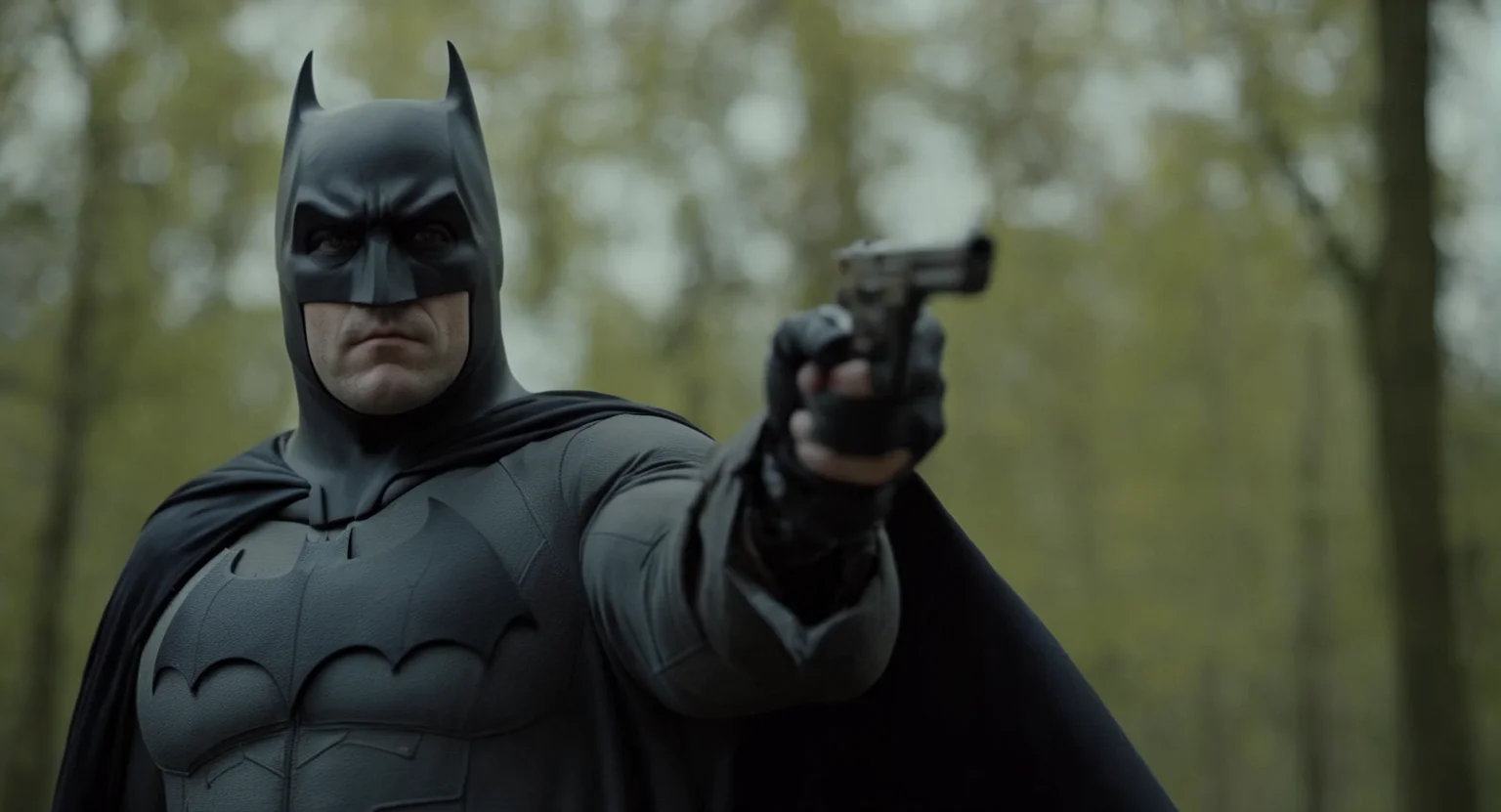 cinematic film still of Cinematic Film stock footage in (arri alexa style) Kodak film print, <lora:batman:1> batman a man in a trench coat and batman mask holding a gun, shallow depth of field, vignette, highly detailed, high budget, bokeh, cinemascope, moody, epic, gorgeous, film grain, grainy