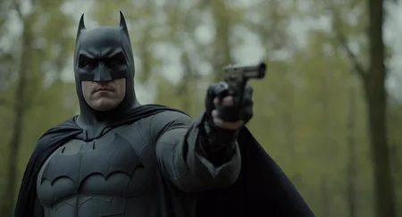 cinematic film still of  Cinematic Film stock footage in (arri alexa style) Kodak film print,   <lora:batman:1> batman a man in a trench coat and batman mask holding a gun, shallow depth of field, vignette, highly detailed, high budget, bokeh, cinemascope, moody, epic, gorgeous, film grain, grainy
