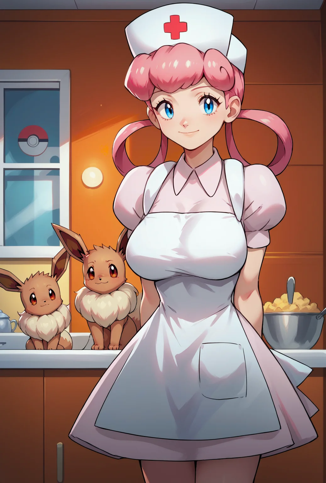 score_9, score_8_up,score_7_up, source_anime, 1girl, solo, <lora:EPpkNurseJoyPony_epoch_15:1>, eppknursejoy, pink hair, blue eyes, long hair, large breasts, hair rings, bumper bangs, looking at viewer, hat, dress, closed mouth, short sleeves, puffy sleeves, apron, puffy short sleeves, nurse cap, nurse, indoors, smile, infirmary, pokemon, pokemon \(creature\), eevee,
