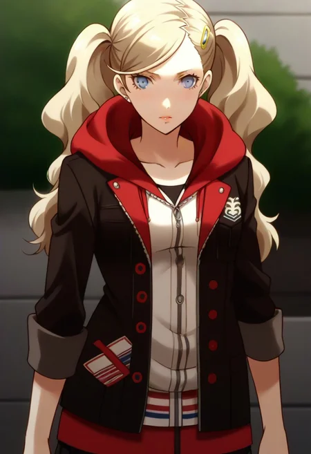 (source_anime), 1 girl, solo, nsfw, cute face, p5ann, twintails, long hair, takamaki anne, blonde hair, hairclip, skirt, uniform, jacket, open clothes, hairclip, hood, miniskirt, sweater, open jacket, black jacket, hoodie,hood down, white sweater, red pantyhose, hooded cardigan, uniform,