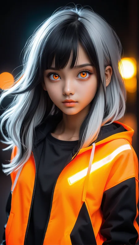 (masterpiece:1),(highest quality:1),(hdr:1),(1girl:1.2),neon clothes,(orange eyes:1.1),(glowing eyes:1.2),(dual toned hair:1.2),(black and white hair:1.1),(glowing hair:1.2),(looking at viewer:1.1),