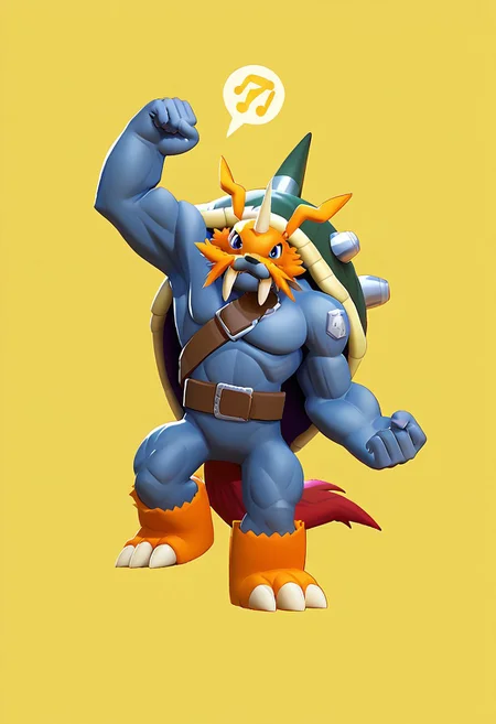 score_9, score_8_up, score_7_up, score_6_up, source_furry, solo, dof, white background, Zudomon, blue eyes, signal horn, fangs,shell,belt, muscular, digimon (creature),((full body:1.3)),perfecteyes,one arm raise,one hand closer at his thigh, yellow background(lighting symbols behind),perfect hand fist anatomy,perfect detailed fingers anatomy++,brawl