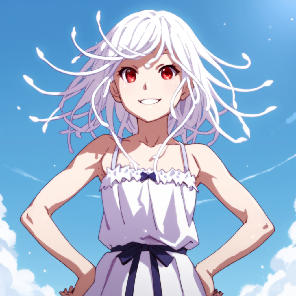 score_9, score_8_up, score_7_up, score_6_up, score_5_up, score_4_up, source_anime, , Nadeko, long hair, red eyes, bare shoulders, white hair, snake hair,  , soft smile, standing, hands on hips