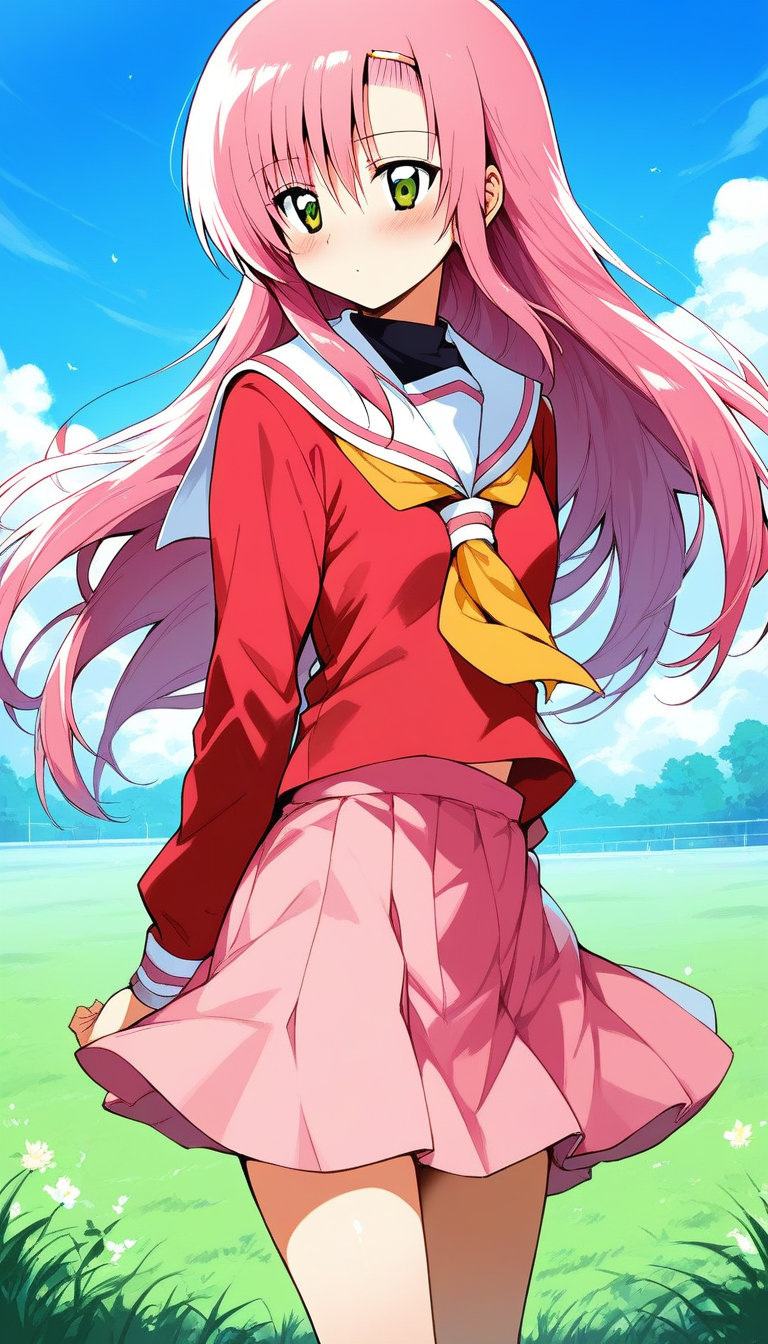 score_9, score_8_up, score_7_up, source_anime, rating_explicit, BREAK  <lora:Katsura_Hinagiku_XL:1>Katsura_Hinagiku, pink hair, long hair, Yellow green eyes, hairclip, small breasts, school uniform, red serafuku, pink skirt,
 1girl, solo, blush, neckerchief, long sleeves, standing, 
blue sky, outdoor, day, grass,