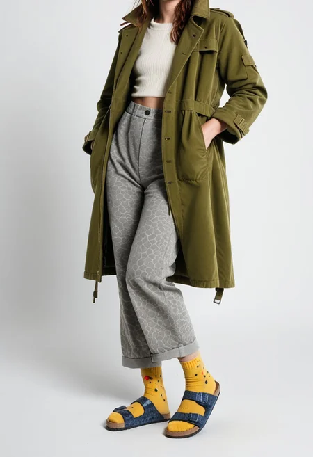(realistic photograph of woman wearing socks sandals trousers coat), 1girl, solo, dynamic_pose, simple_background, white_background, scksnsndls, patterned blue and yellow socks, gray trousers, red and green coat, full_body, birksonsocks, birkenstock