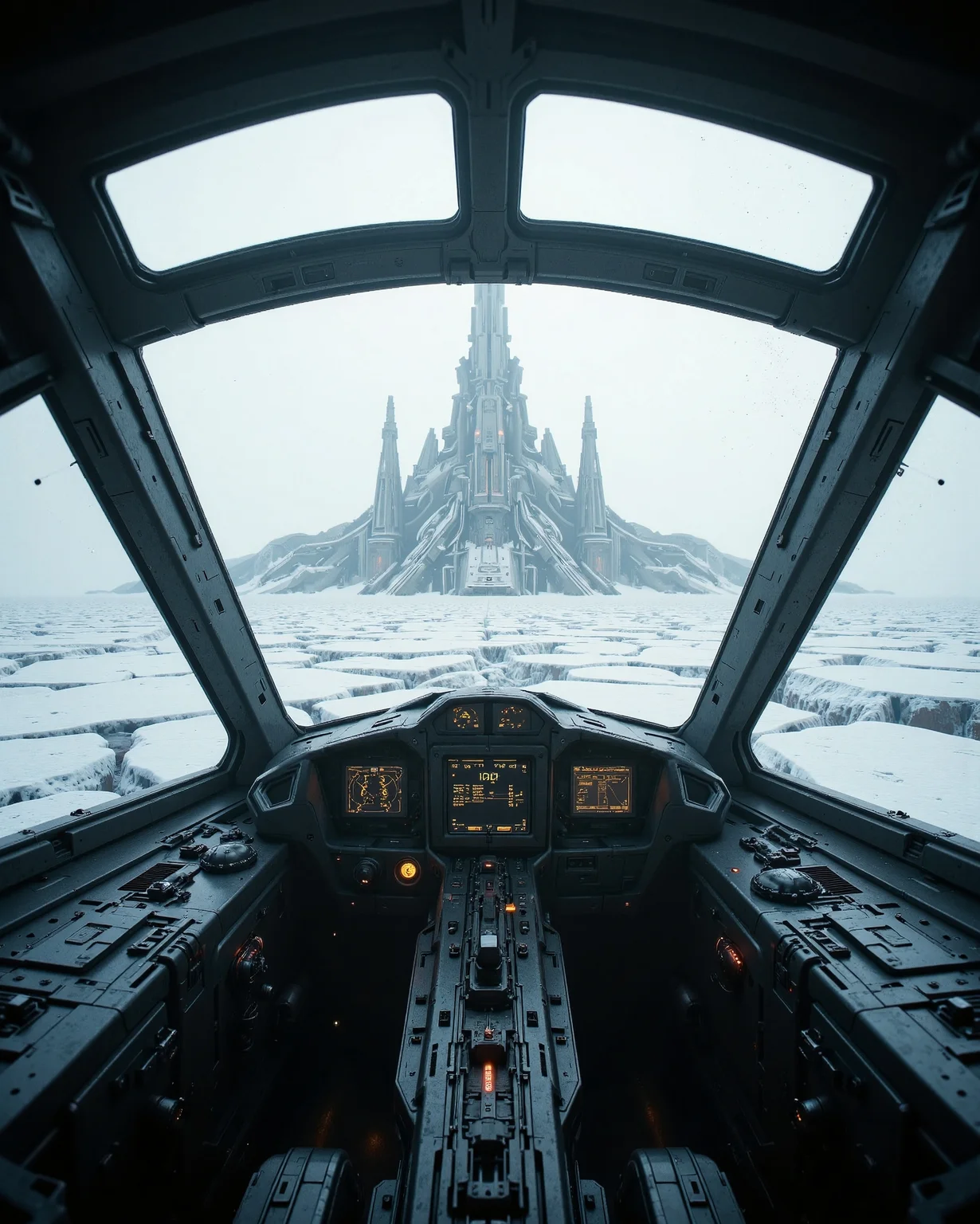 in the style of cksx, minimalist perspective, cockpit pov view, inside a cockpit of a ckspaceship, closed dirty canopy, flying low over icy terrain looking at a massive sprawling futuristic snowy cityscape,