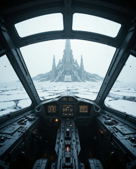 in the style of cksx, minimalist perspective, cockpit pov view, inside a cockpit of a ckspaceship, closed dirty canopy, flying low over icy terrain looking at a massive sprawling futuristic snowy cityscape,