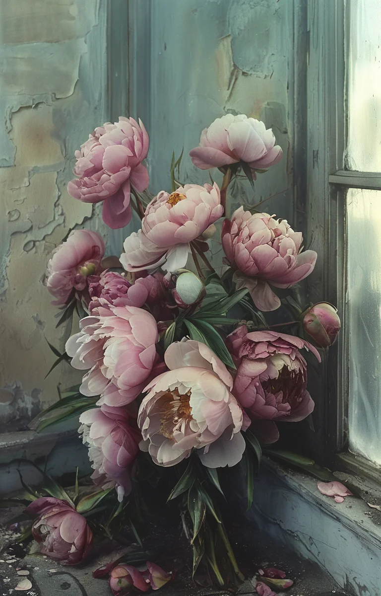 masterpiece,best quality,<lora:tbh156-sdxl:1>,illustration,style of Philip Lorca diCorcia, decaying peonies