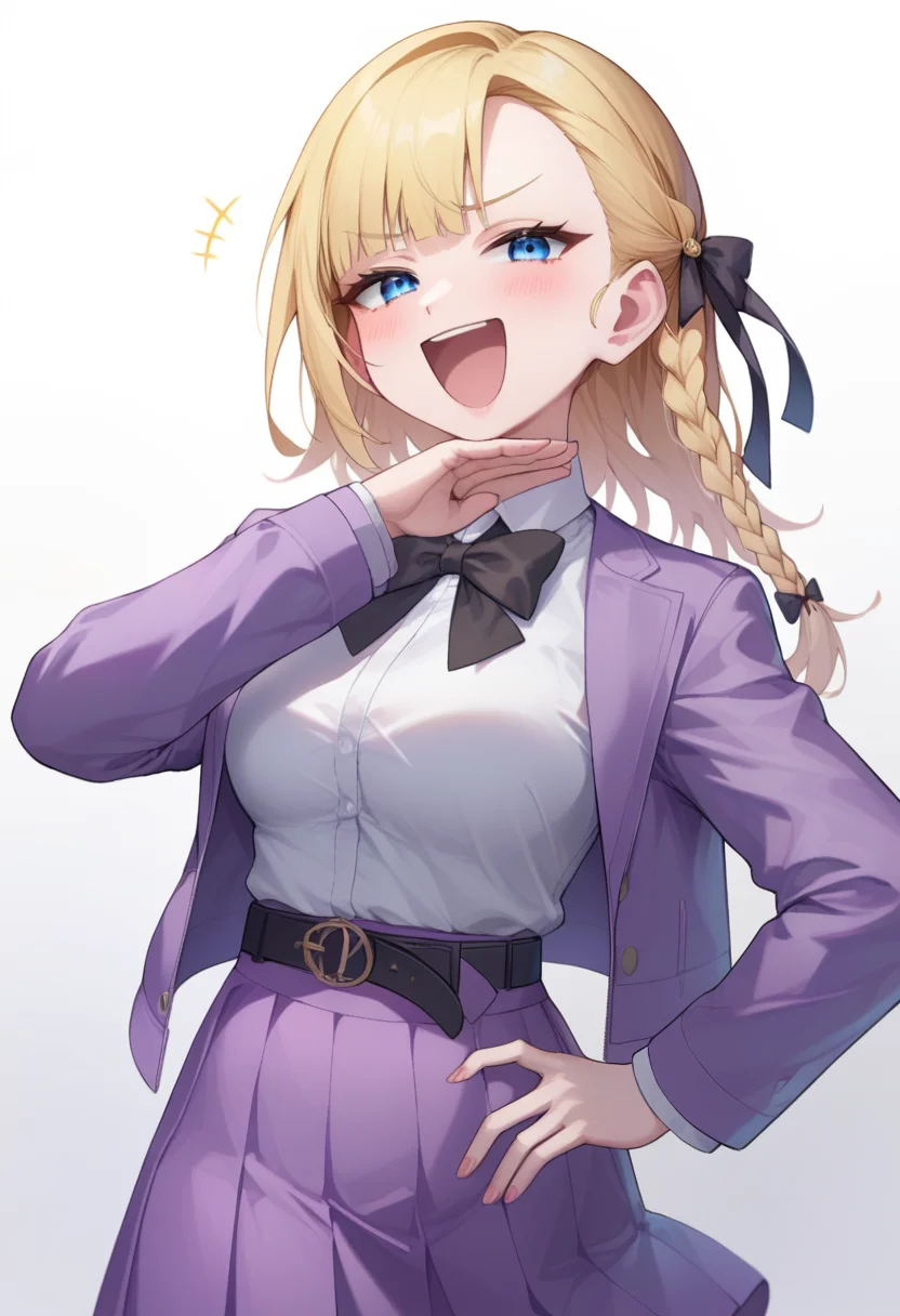 score_9,score_8_up,score_7_up,<lora:ojou-sama_pose _pony:1>,1girl, solo, blue eyes, braid, long hair, jacket, blonde hair, smile, white background, ojou-sama pose, open mouth, looking at viewer, belt, blush, long sleeves, simple background, skirt, ribbon, bow, hair ribbon, hand on own hip, school uniform, smug, blunt bangs, black belt, black bow, bowtie, hand up, side braid, black ribbon, :d, purple jacket, shirt, purple skirt, single braid, open jacket, black bowtie, dress, purple dress, pleated skirt