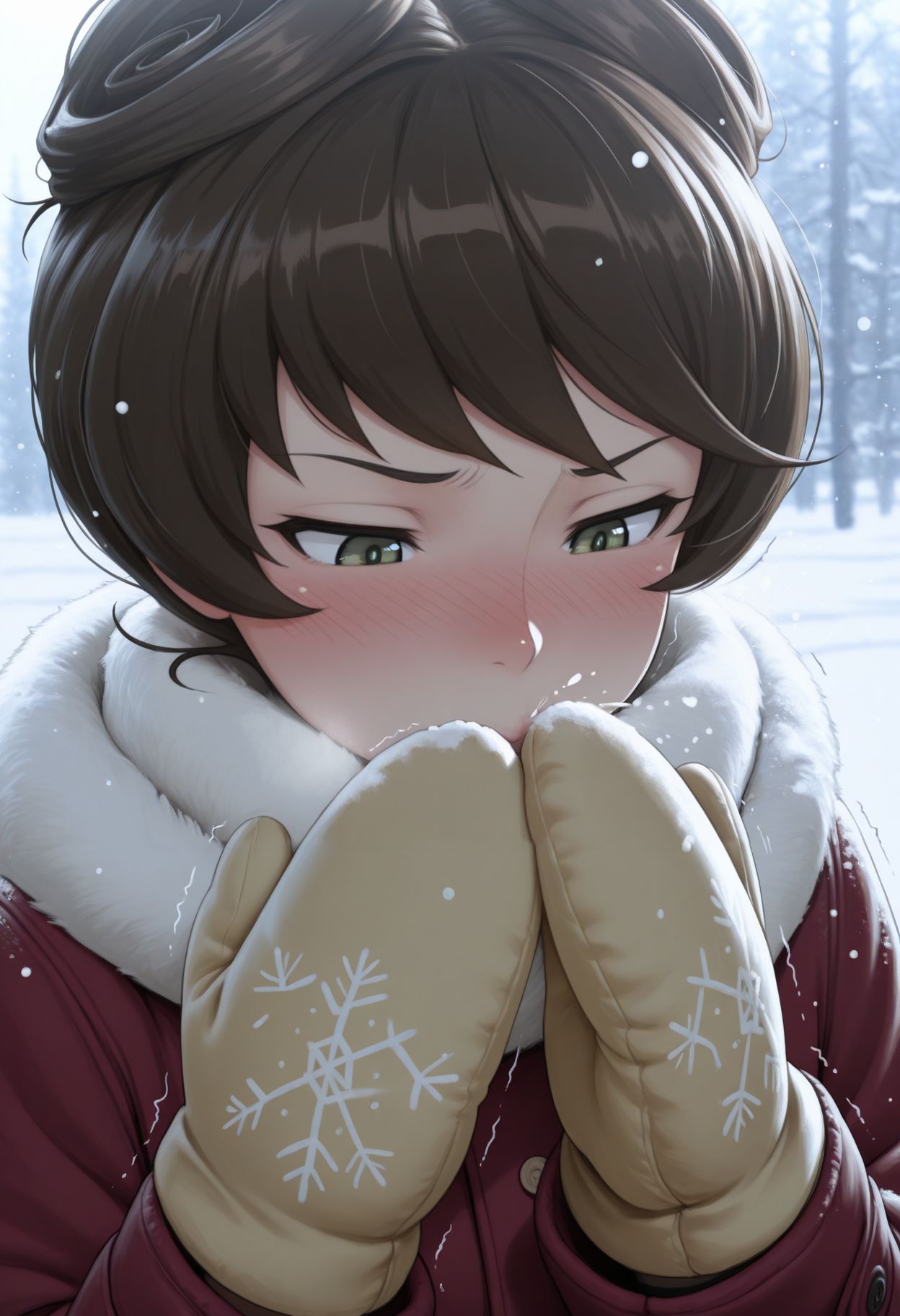 masterpiece,best quality,absurdres,highres,very aesthetic,high quality,detailed,insanely detailed,beautiful,perfect lighting, 
 <lora:Hosomi Shizuko  illu:1> short hair,  brown hair, green eyes,  winter clothes, snow, nose blush, snowing, blush, trembling, mittens, sneezing