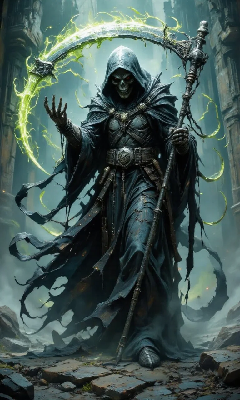 Side view portrait of an ancient Grim Reaper-like figure looking away from viewer standing in a desolate wasteland, wearing a dark, decaying cloak, holding a large scythe resting on his shoulder. The blade of the scythe has a faint glowing green energy, tendrils of light swirling from the blade, cracked earth and faint black mist beneath, skeletal face shrouded in shadow, mystical and grim, epic dark fantasy art style. His cloak swirls in the wind.