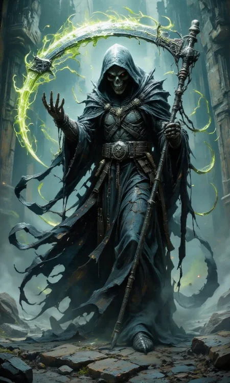 Side view portrait of an ancient Grim Reaper-like figure looking away from viewer standing in a desolate wasteland, wearing a dark, decaying cloak, holding a large scythe resting on his shoulder. The blade of the scythe has a faint glowing green energy, tendrils of light swirling from the blade, cracked earth and faint black mist beneath, skeletal face shrouded in shadow, mystical and grim, epic dark fantasy art style. His cloak swirls in the wind.