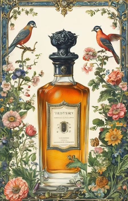 masterpiece,best quality,<lora:tbh266-sdxl:0.9>,illustration,style of Bestiary A bottle of perfume in garden