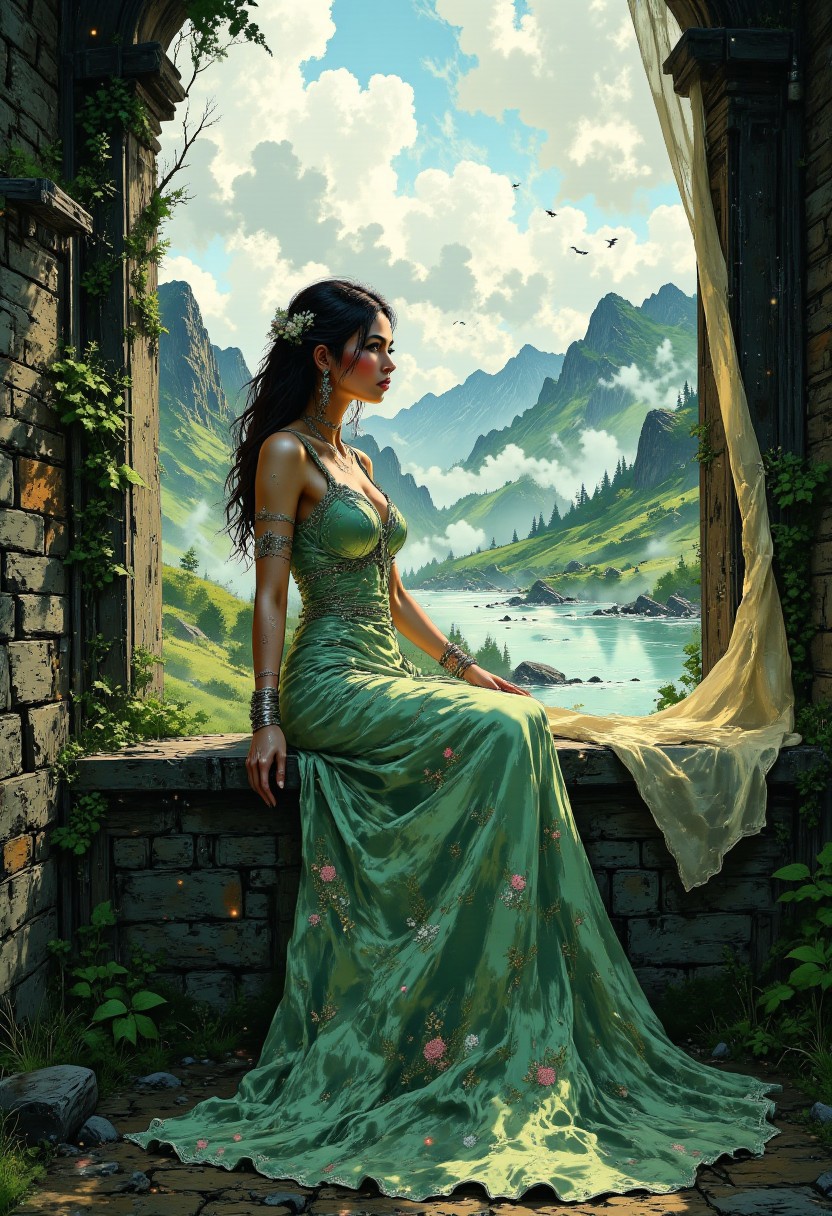 Scottish Highlands Castle – Pastel Emerald Green Dress
A young woman sits gracefully on the stone balcony of an ancient Scottish castle, overlooking rolling green hills and misty lochs. She wears a flowing pastel emerald green dress with delicate Celtic embroidery, the fabric catching the cool breeze. A sheer ivory curtain billows gently beside her, framing the dramatic landscape of rugged mountains and a winding river. The distant sound of bagpipes and chirping birds adds to the enchanting atmosphere as she gazes into the horizon.