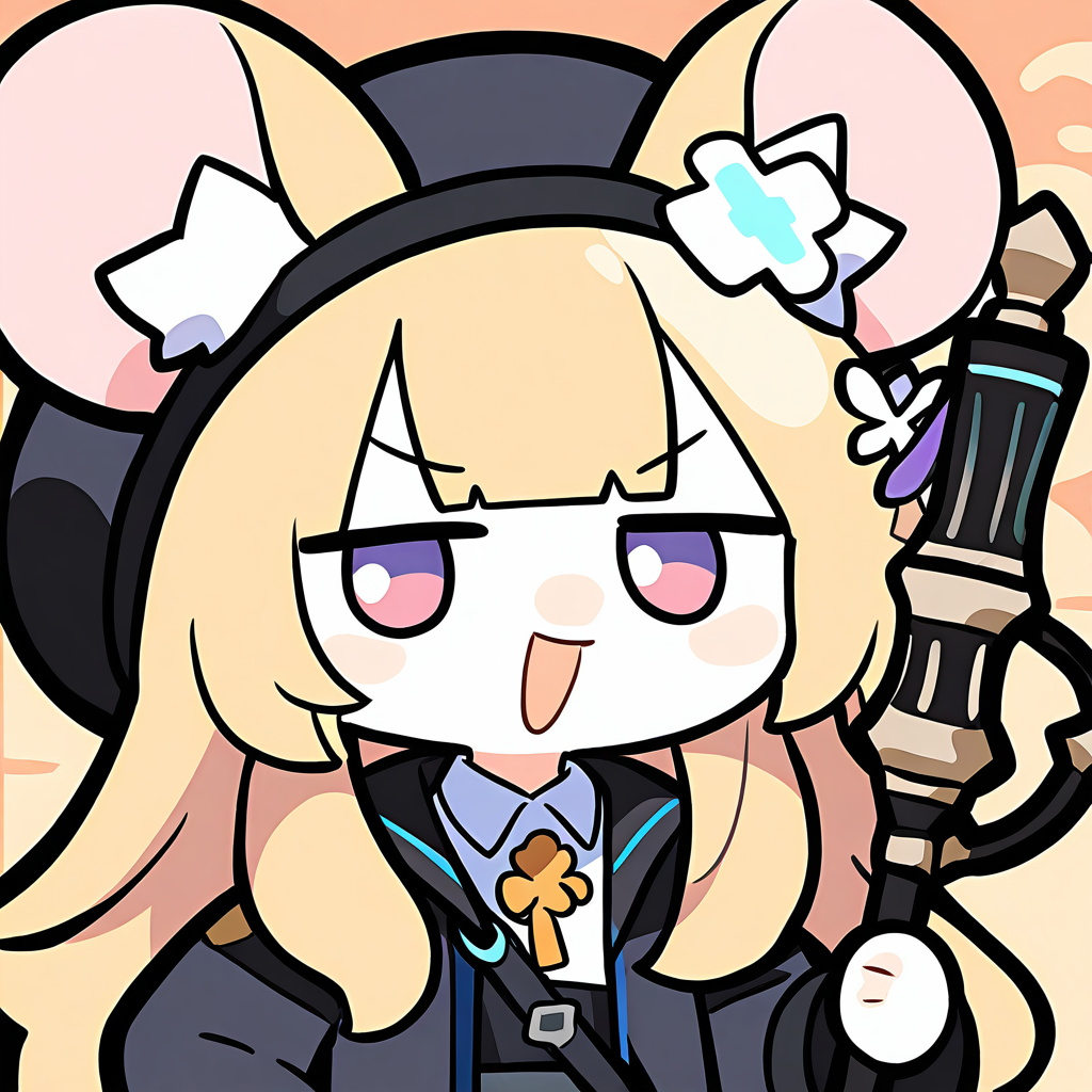 <lora:luodedaonoob-000006:1>,:d,animal ear fluff,bangs,beret,black jacket,blonde hair,chibi,coat,collared shirt,d-pad hair ornament,flower,horns through headwear,jacket,long hair,long sleeves,looking at viewer,mouse ears,open clothes,smug,staff,white skin,, masterpiece, best quality, very aesthetic, absurdres,newest, incredibly absurdres,