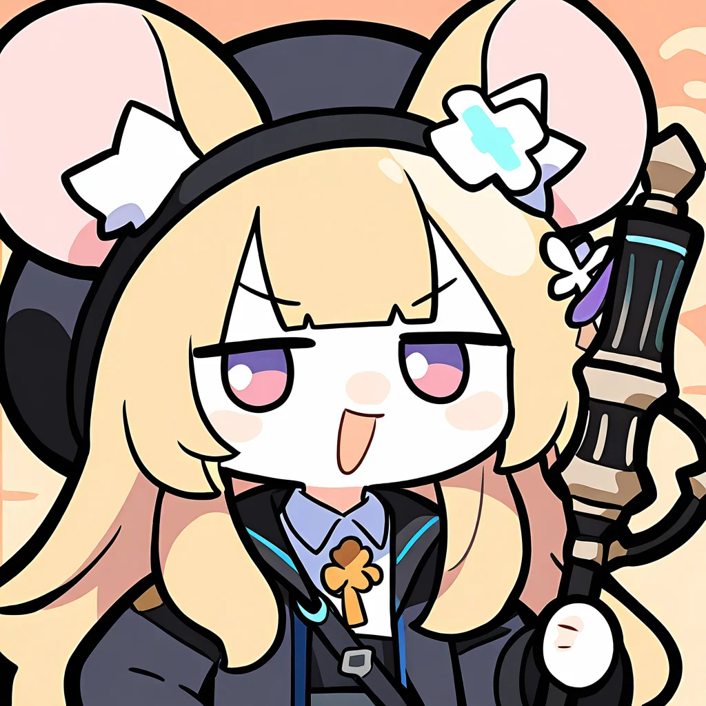 <lora:luodedaonoob-000006:1>,:d,animal ear fluff,bangs,beret,black jacket,blonde hair,chibi,coat,collared shirt,d-pad hair ornament,flower,horns through headwear,jacket,long hair,long sleeves,looking at viewer,mouse ears,open clothes,smug,staff,white skin,, masterpiece, best quality, very aesthetic, absurdres,newest, incredibly absurdres,