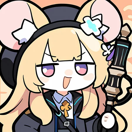 <lora:luodedaonoob-000006:1>,:d,animal ear fluff,bangs,beret,black jacket,blonde hair,chibi,coat,collared shirt,d-pad hair ornament,flower,horns through headwear,jacket,long hair,long sleeves,looking at viewer,mouse ears,open clothes,smug,staff,white skin,, masterpiece, best quality, very aesthetic, absurdres,newest, incredibly absurdres,
