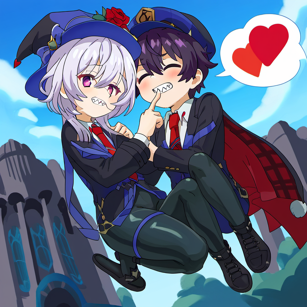 black bodysuit, outdoors, blue headwear, holding, red eyes, spoken heart, 1boy, plaid, purple eyes, teeth, closed eyes, necktie, looking at viewer, black footwear