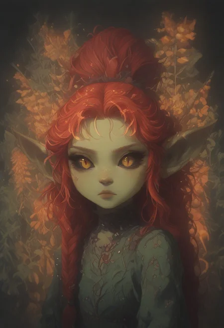 (Score_9:1.1), score_8_up, score_7_up,
(glimmer,glitter,limited lighting, high contrast, highres, closed_mouth:1.4, absurdres),(leaning forward:0.4)
Fl0ralD0lls ,Goblin
solo, short stature, shortstack, pointed ears, big eyes,goblin ears, goblin woman, green skin, big eyes, glimmering eyes, (black sclera, slit pupils, yellow iris, glowing iris), (ferns:1.3), realistic, focus on face, hime cut, red hair,((hair in very long single braids)), big lips, full lips, glossy lips, matte skin, matte colours