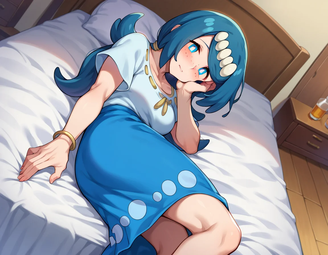 score_9, score_8_up, score_7_up, source_anime,
pokemonmotherlana, <lora:pokemon-mother-lana-ponyxl-lora-nochekaiser:1>
pokemonmotherlana, blue eyes, blue hair, freckles, hair ornament, long hair, swept bangs, bright pupils,
blouse, blue skirt, bracelet, collarbone, dress, jewelry, long skirt, shirt, short sleeves, skirt, white shirt,
indoors, bed, bed room, on side, blush, drunk,
looking at viewer, cowboy shot, dutch angle,