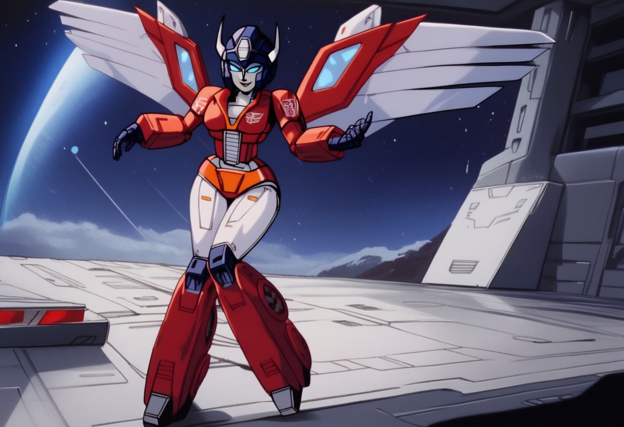robot planet in space
score_8_up <lora:Transformers 86 FT-000005:1> 1female, autobot, female, all red body, red legs, red head, red armour, small body, petite body, slender form, full body, slim body, slim waist, round large eyes, blue eyes,  short legs, small horns protruding from head, , female lips, happy expression, smiling, curvy limbs,
score_9, score_8_up, score_7_up, animation, transformers, 1girl, robot, Decepticon, Tall, slim, Seeker, Starscream glowing eyes, blue eyes, large eyes, circular eyes, white armour, forward long jet swept wings, transforms into futuristic Stealth Mig Fighter Jet, full body, cowboy shot, smiling, holding null ray blasters, Decepticon Symbol (purple), long skirt armour (straight, slit in the middle), head crown, body all white,
 <lora:StarScream1.2:1>