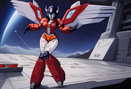 robot planet in space
score_8_up <lora:Transformers 86 FT-000005:1> 1female, autobot, female, all red body, red legs, red head, red armour, small body, petite body, slender form, full body, slim body, slim waist, round large eyes, blue eyes,  short legs, small horns protruding from head, , female lips, happy expression, smiling, curvy limbs,
score_9, score_8_up, score_7_up, animation, transformers, 1girl, robot, Decepticon, Tall, slim, Seeker, Starscream glowing eyes, blue eyes, large eyes, circular eyes, white armour, forward long jet swept wings, transforms into futuristic Stealth Mig Fighter Jet, full body, cowboy shot, smiling, holding null ray blasters, Decepticon Symbol (purple), long skirt armour (straight, slit in the middle), head crown, body all white,
 <lora:StarScream1.2:1>
