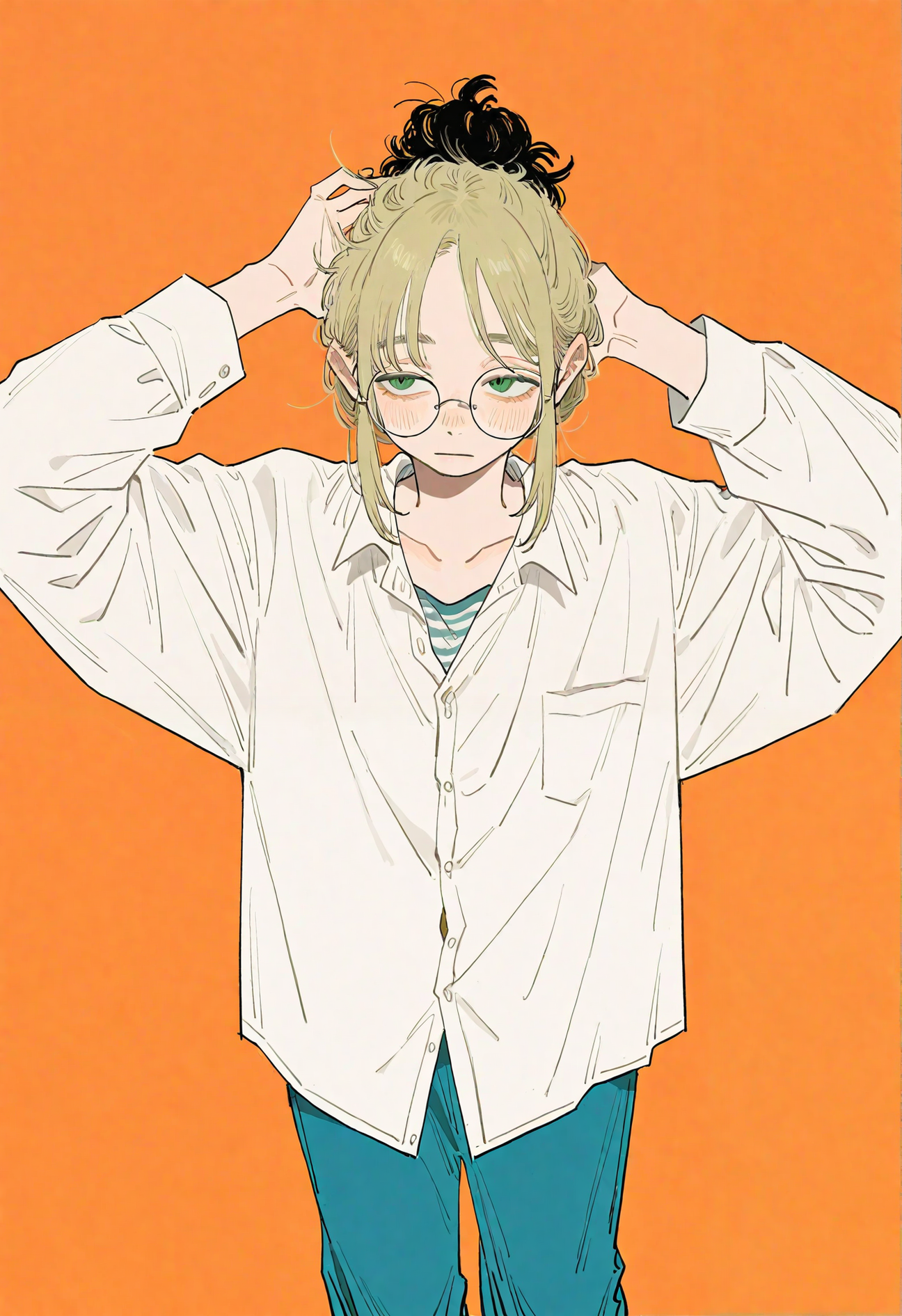 hachinuki tetsuyo, (go e 0000:1.2), (xilmo:1.1), painting \(medium\), brush stroke, orange background,
1boy, androgynous, medium hair, parted bangs, round eyewear, green eyes, long eyelashes, dirty blonde hair, black roots \(hair\), sidelocks, updo, blush,
oversized clothes, striped clothes, collared shirt, partially unbuttoned, white shirt, collarbone, wide pants,
messy hair, arms up, hand in own hair, standing, looking afar, half-closed eyes, 
masterpiece, high quality, highres, absurdres, very awa, very aesthetic, (perspective:1.1), 
<lora:owk_bsh_yy:0.5>,
 <lora:sample:1>,
 <lora:veluflora-wai:0.4>