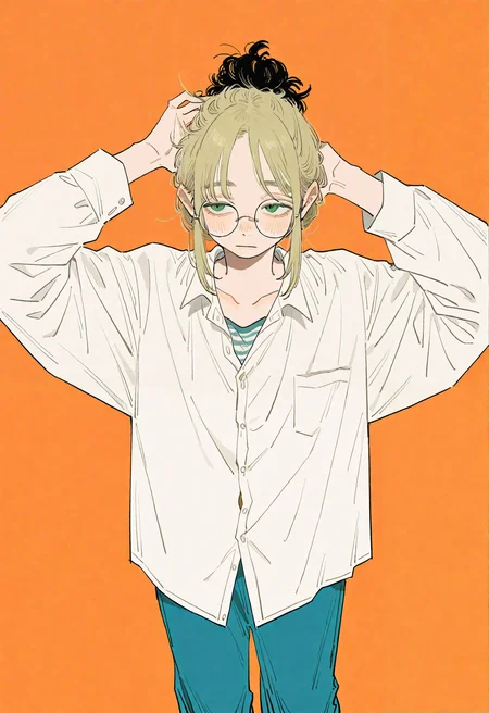hachinuki tetsuyo, (go e 0000:1.2), (xilmo:1.1), painting \(medium\), brush stroke, orange background,
1boy, androgynous, medium hair, parted bangs, round eyewear, green eyes, long eyelashes, dirty blonde hair, black roots \(hair\), sidelocks, updo, blush,
oversized clothes, striped clothes, collared shirt, partially unbuttoned, white shirt, collarbone, wide pants,
messy hair, arms up, hand in own hair, standing, looking afar, half-closed eyes, 
masterpiece, high quality, highres, absurdres, very awa, very aesthetic, (perspective:1.1), 
<lora:owk_bsh_yy:0.5>,
 <lora:sample:1>,
 <lora:veluflora-wai:0.4>