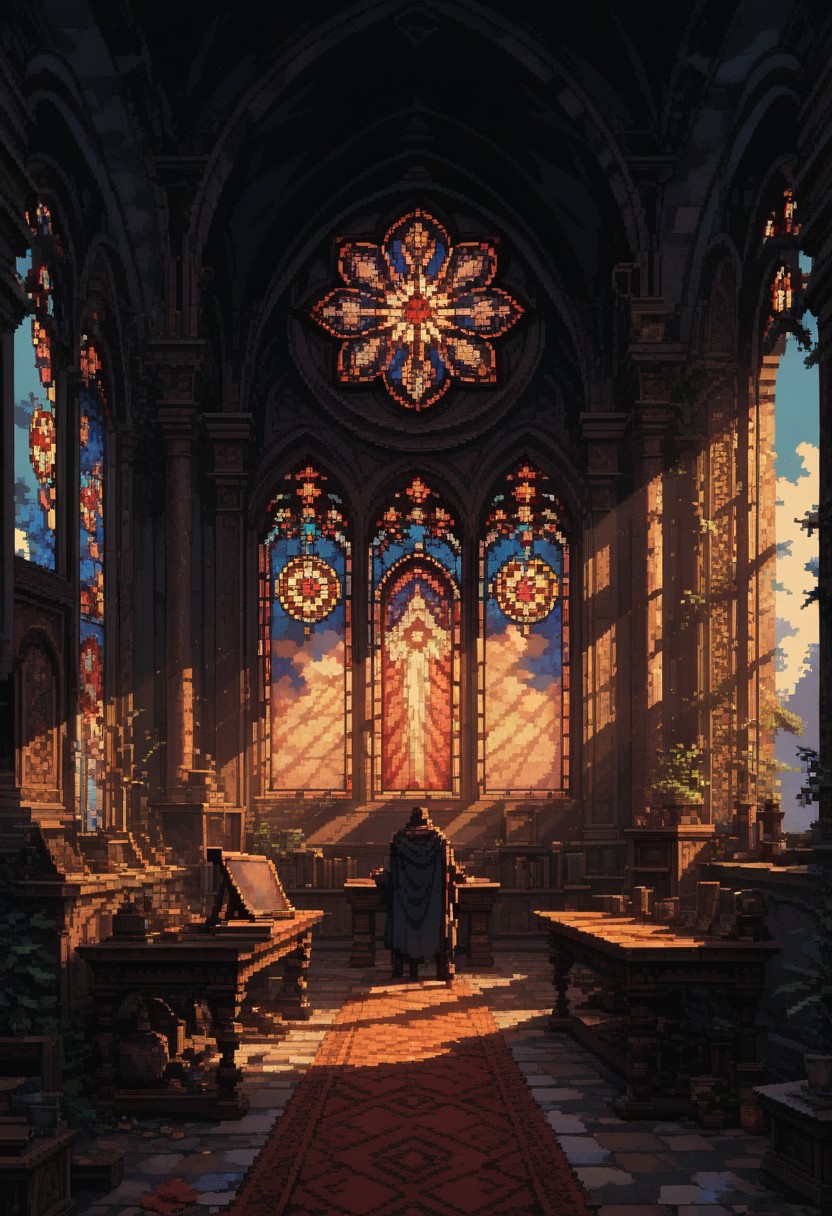 score_9, score_8_up, score_7_up, pixel art, 
stained glass, panorama window, art deco, sanctuary,
god rays,
 with bursts of bright colors,
in the style of a vintage, high-contrast setting, dark and mysterious atmosphere, Resplendent spotlighting, Emphasize theatrical elements,
hyper-detailed, scifi, dramatic light,
yamer_pixel_fusion, 
d3p1x3l, pixel art,