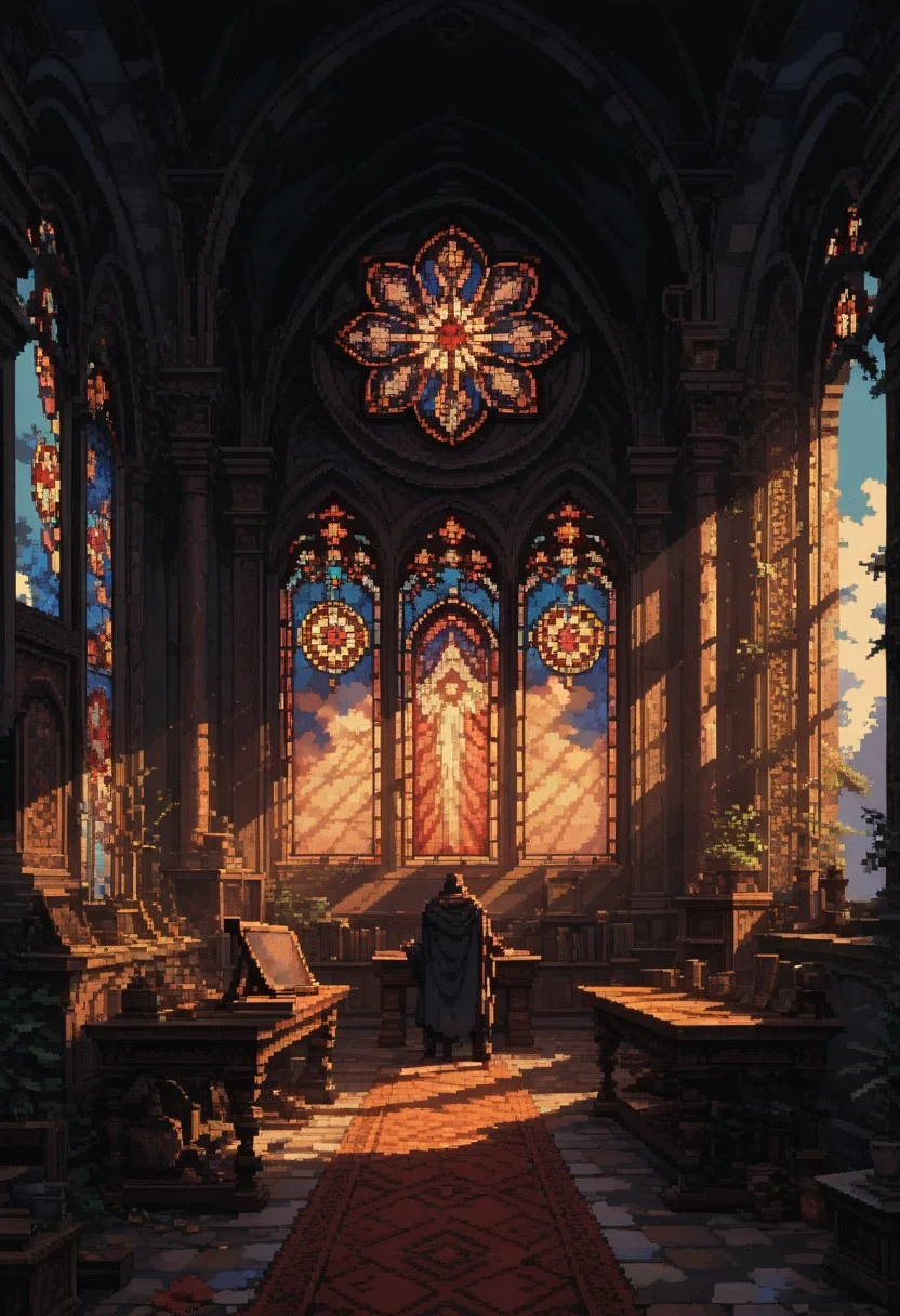 score_9, score_8_up, score_7_up, pixel art,
stained glass, panorama window, art deco, sanctuary,
god rays,
with bursts of bright colors,
in the style of a vintage, high-contrast setting, dark and mysterious atmosphere, Resplendent spotlighting, Emphasize theatrical elements,
hyper-detailed, scifi, dramatic light,
yamer_pixel_fusion,
d3p1x3l, pixel art,