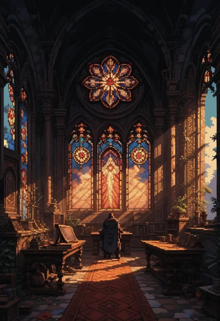 score_9, score_8_up, score_7_up, pixel art,
stained glass, panorama window, art deco, sanctuary,
god rays,
with bursts of bright colors,
in the style of a vintage, high-contrast setting, dark and mysterious atmosphere, Resplendent spotlighting, Emphasize theatrical elements,
hyper-detailed, scifi, dramatic light,
yamer_pixel_fusion,
d3p1x3l, pixel art,