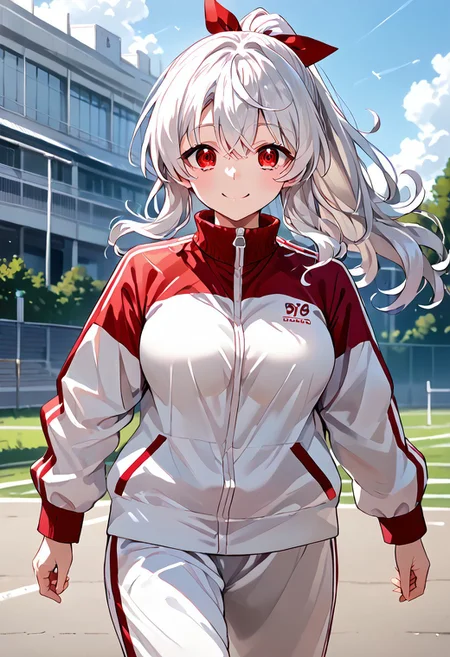 score_9, score_8_up, score_7_up, source_anime, rating safe, outdoor, back shot, 1girl, 18yo, tracksuits, running, one arm up, white hair, long hair, wavy hair, ponytail, red eyes, upturned eyes,  expressive eyes, curvy, shy smile, large breasts, perfect hand, detailed, day, 8k, masterpiece, by koumashiro,