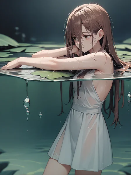score_9, score_8_up, score_7_up, score_6_up, source_anime, <lora:partially_underwater_shot_v0.1-pony-dim8fp16:1>
partially underwater shot,
1girl, long hair, brown hair, wet hair,
white dress, swamp,
dark background, blurry edges,