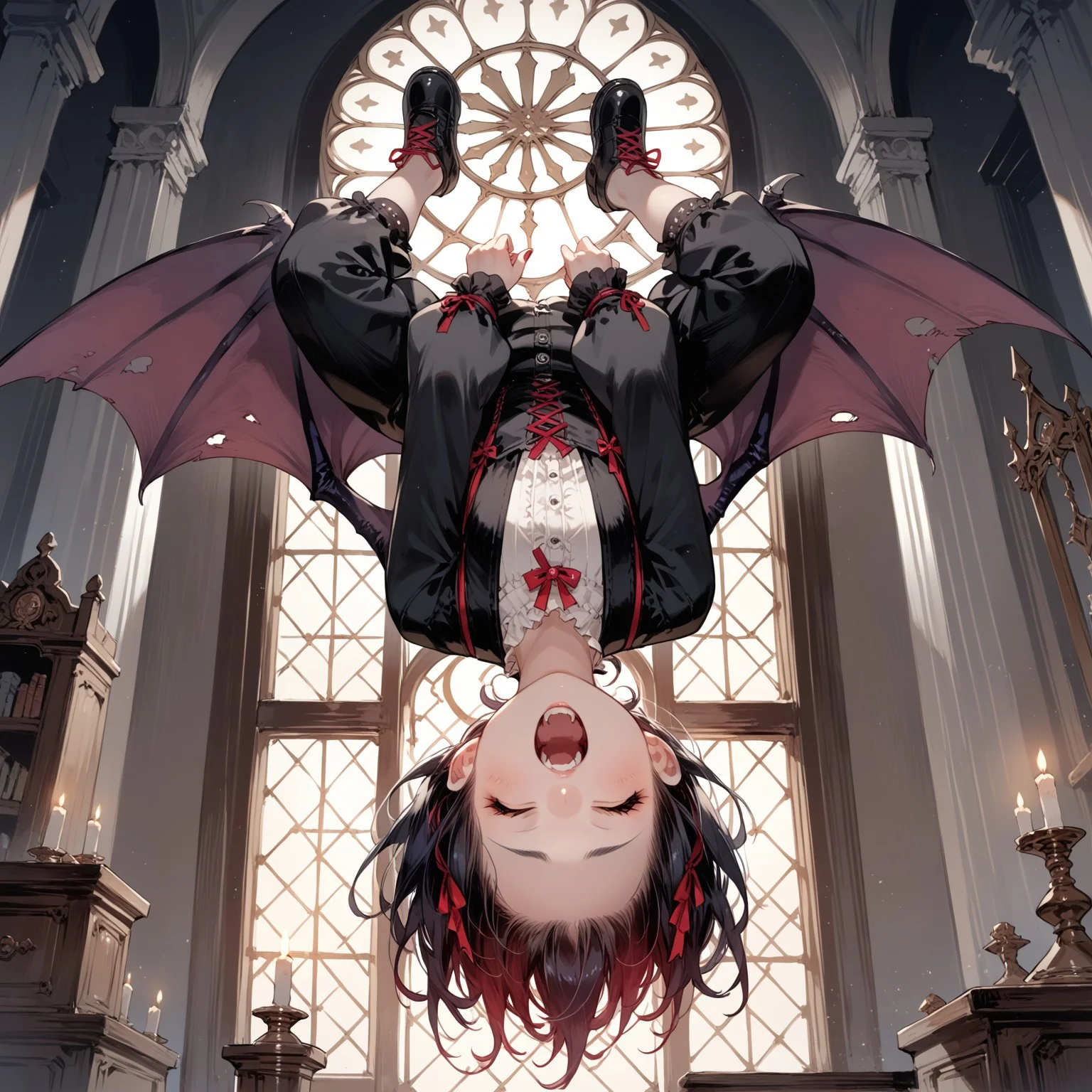 score_9, score_8_up, score_7_up, source_anime, 1girl,(ultra HD quality details), anime, slightly chibi, vampire girl, hanging upside down, yawning, eyes closed, bat wings, (detailed image, high resolution, 5k resolution:1.0), gothic castle interior