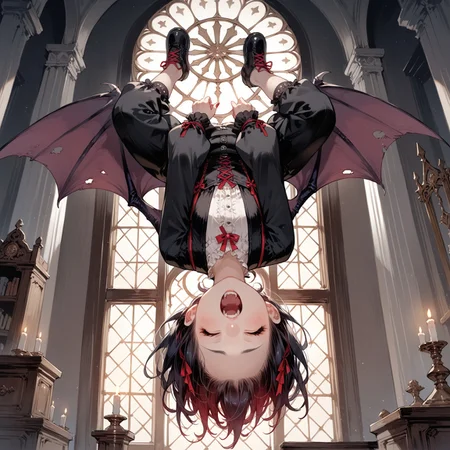 score_9, score_8_up, score_7_up, source_anime, 1girl,(ultra HD quality details), anime, slightly chibi, vampire girl, hanging upside down, yawning, eyes closed, bat wings, (detailed image, high resolution, 5k resolution:1.0), gothic castle interior