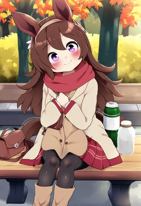 masterpiece, hyper detailed, best quality,(furry:1.3),1girl, rice shower \(umamusume\), horse girl, bench, animal ears, solo, horse tail, tail, horse ears, hair over one eye, purple eyes, long hair, red skirt, scarf, bottle, pantyhose , leaf , red scarf, bag, fur trim, park bench, boots, autumn leaves, sitting, coat, looking at viewer, handbag, brown hair, skirt, long sleeves, open mouth, outdoors, flower, knee boots, black pantyhose, blush, hairband, autumn, smile, feet out of frame, tree, on bench  can  ,<lora:DAGASIXLlokr8f-000188:0.95>